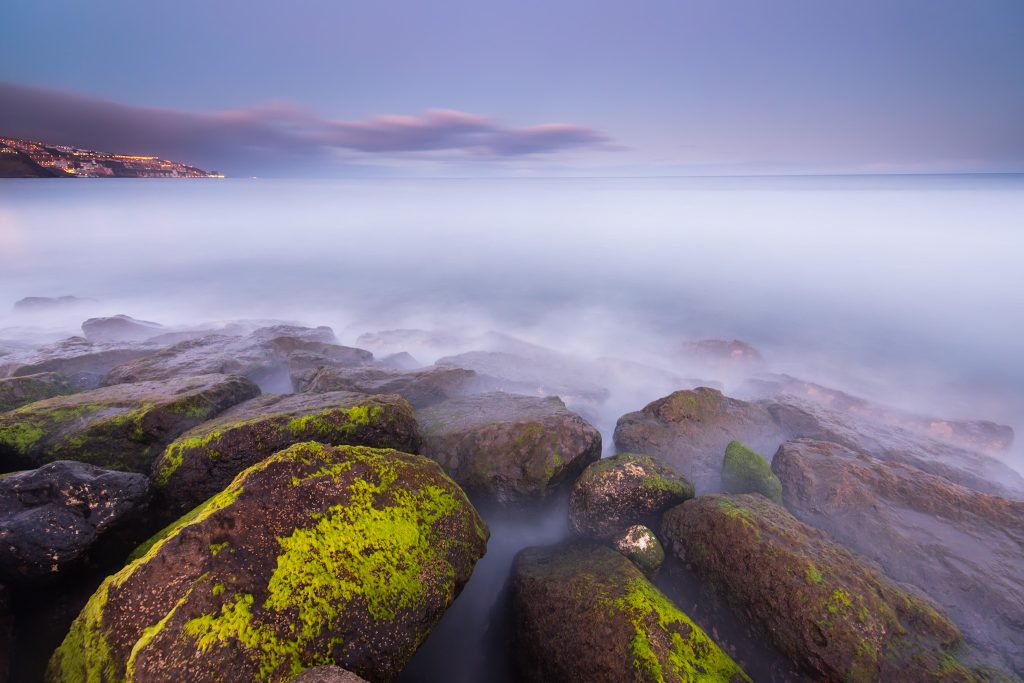 Rocas volcánicas cubiertas de musgo frente al Atlántico